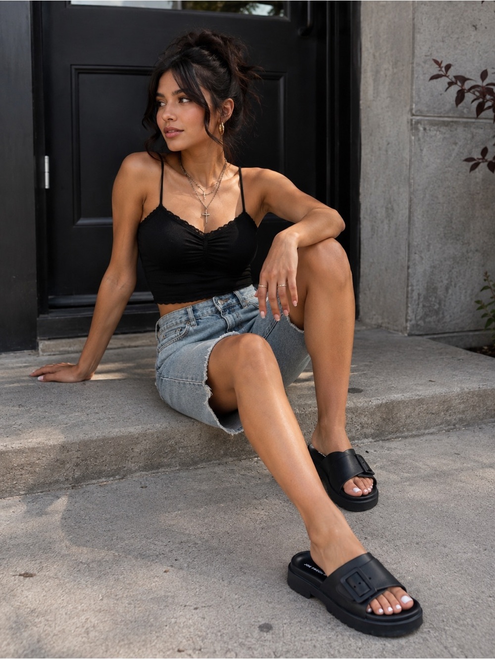 Joe Fresh Black Buckle Platform Slide